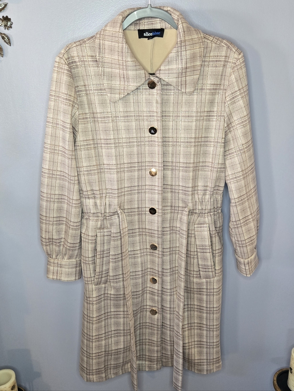 Alice Blue - Cream Pink And Gold Plaid Trench Coat Button-Front